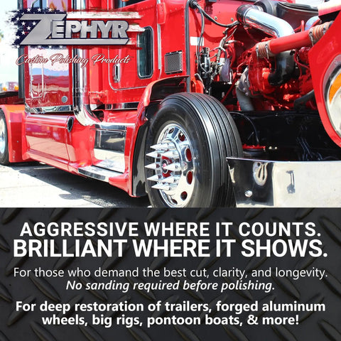 Polish Kit For Buffing Aluminum And Stainless Steel On Big Rigs And Lifted Trucks With 10 Inch Buffing Pads visible on red truck.