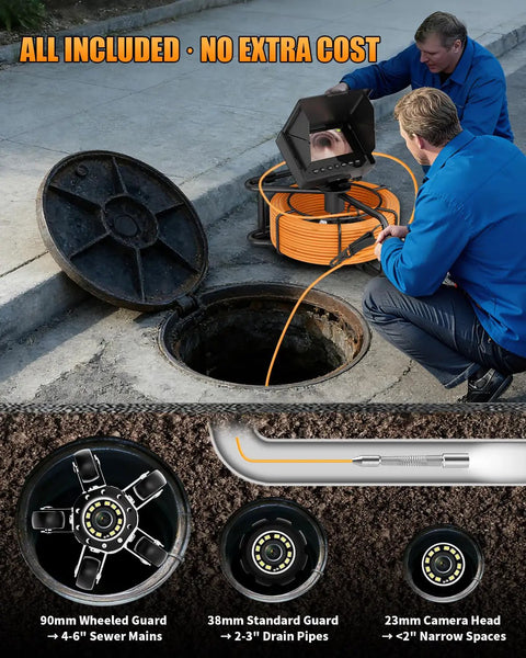 100ft Drain Camera Kit With Four Point Three Inch Screen And 23mm 1080P Probe, 8500mAh Battery, 32GB Recording, IP68 Waterproof Endoscope For Pros And Industrial Pipe Inspections, Night Vision, 12 LED Lights, used in sewer drain inspection
