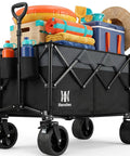 330Lbs Collapsible Folding Wagon With All Terrain Wide Wheels Front One Touch Brakes Heavy Duty Beach Wagon Cart loaded with camping gear