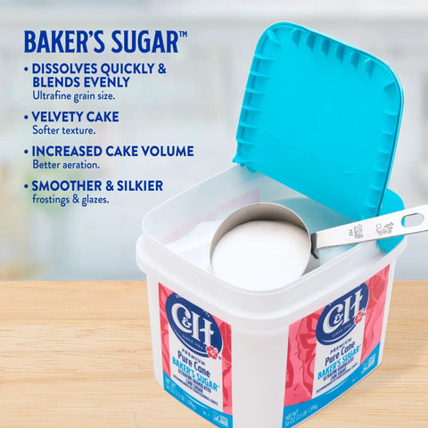 Container of Ultrafine Granulated Baker's Sugar Two Pack 3.5 Lb Easy Baking Tub With Bonus Recipe Card, open lid with measuring scoop.