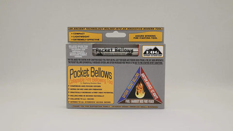 Packaging of Pocket Bellows Fire Starter Tool for Camping, Weatherproof and Collapsible Bellow That Delivers a Quick Oxygen Burst