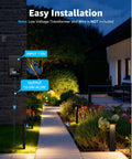 Low Voltage Landscape Lighting Kit With 8 Path Lights And 4 Spotlights 3000K illuminating a garden pathway at night