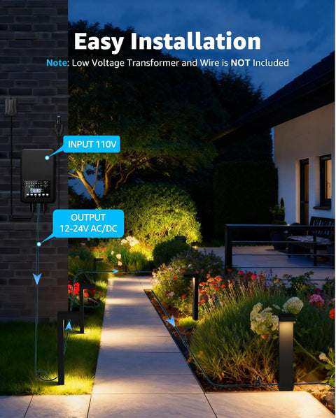 Low Voltage Landscape Lighting Kit With 8 Path Lights And 4 Spotlights 3000K illuminating a garden pathway at night