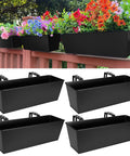 Set Of Four Heavy Duty Metal Railing Planters, 16 Inch Rectangular Window Boxes shown with colorful flowers and brackets.