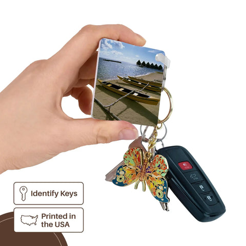 Outrigger Canoe Key Chains Set Of 6 Moorea French Polynesia Scene Heavy Duty Plastic With High Gloss Finish attached to car keys