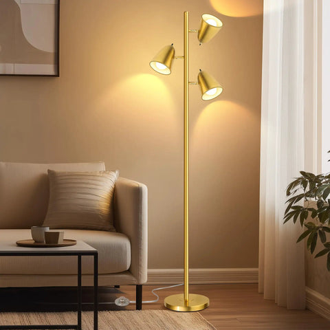Three Arm Floor Lamp With 360 Degree Adjustable Reading Arms In Brushed Gold Tall Pole Standing Lamp for Living Room