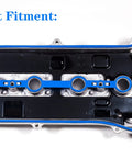 Valve cover gasket with blue silicone seal on metal engine valve cover, front view