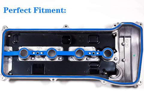 Valve cover gasket with blue silicone seal on metal engine valve cover, front view