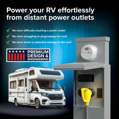 Heavy Duty 50 Foot 30 Amp RV Extension Cord With Standard Connectors Ultra Flexible Power Cable For Campers Electric Vehicles And Trailers Road Trip Ready Slick Build connects to RV power outlet.
