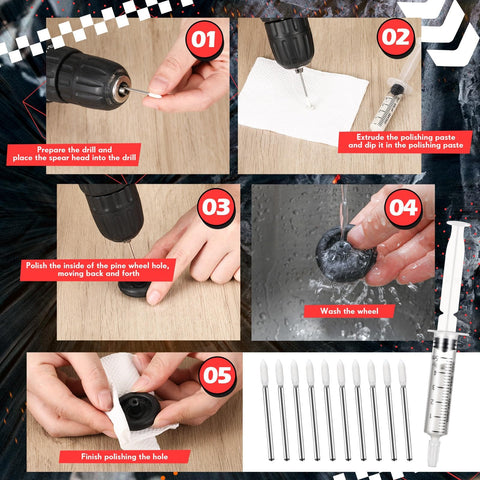 Pinewood Derby Car Polishing Kit with Graphite Powder, Buffing Wool Head, Flat File, Polishing Spears, Sandpaper, and Drill Instructions