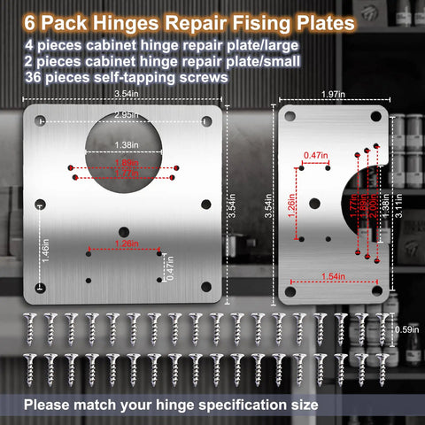 Six Piece Cabinet Hinge Repair Plate Kit With Stainless Steel Brackets And Mounting Screws for Kitchen Cupboard Doors