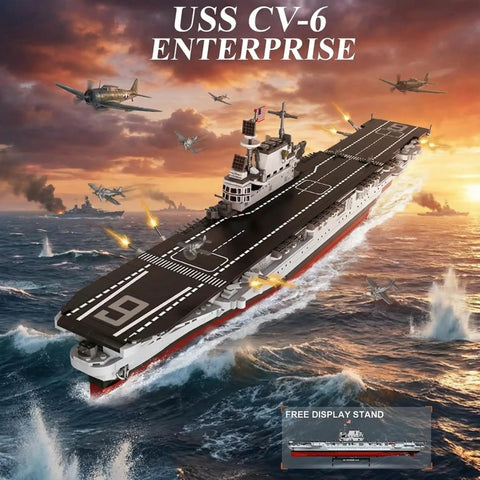 USS Enterprise Aircraft Carrier Building Kit 1883 Piece Military Ship Model For Adults Collectors Dope Realistic World War II Warship Build Set Gift With Flight Deck Turrets And Detailed Display Ready against sunset sky with planes