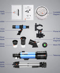 70mm Travel Astronomy Telescope With 400mm Focal Length And 70mm Aperture, K6 And K25 Eyepieces, 45 Degree Erect Diagonal, Adjustable Tripod, Phone Adapter, Great For Beginners And Stargazers. Telescope kit parts on gray background