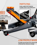3-ton low-profile hydraulic floor jack, side view, orange saddle on a steel frame.