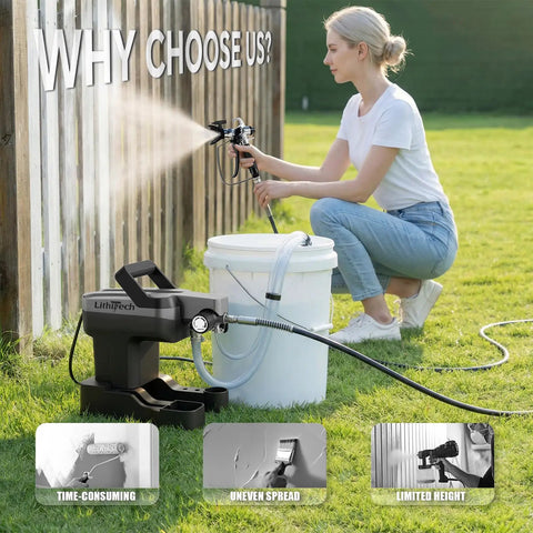Woman using Powerhouse 750W Airless Paint Sprayer Kit on a fence with a paint bucket nearby in a landscaped yard.