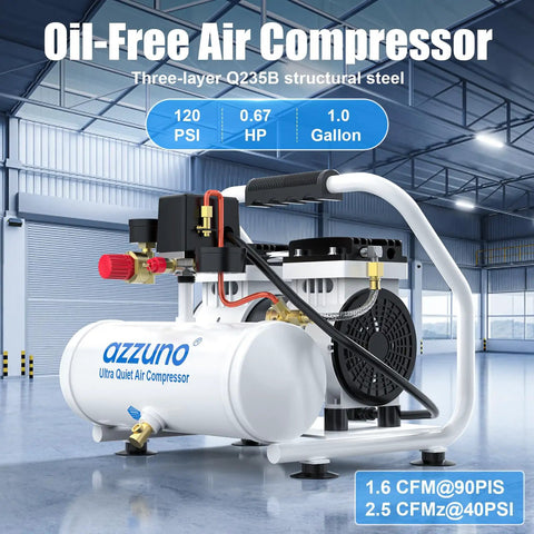 Azzuno 1 Gallon Ultra Quiet Air Compressor With Portable Electric Oil Free Motor And Fast Inflation For Tires, Ideal For Small Automotive Jobs And Home Workshop Tasks Using Reliable 90 Psi Pressure
