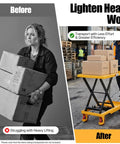 Before and after image showing Solid Frame Hydraulic Scissor Lift Table Cart With Five Hundred Pound Capacity And Four Quiet Rollers.