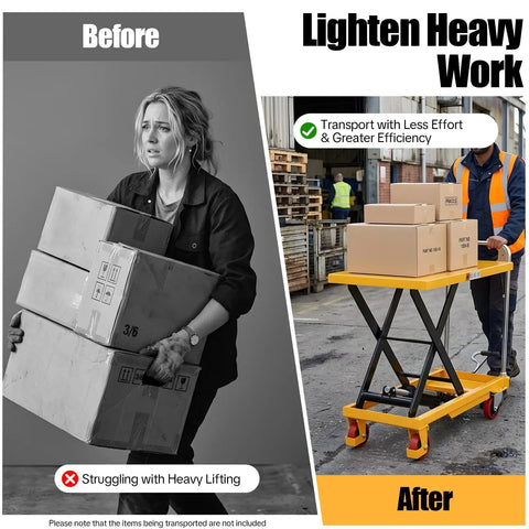 Before and after image showing Solid Frame Hydraulic Scissor Lift Table Cart With Five Hundred Pound Capacity And Four Quiet Rollers.