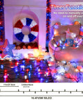 Red White And Blue Outdoor String Lights 2 Pack With Timer 100 LED Total About 33 Ft Waterproof Battery Operated For 4th Of July Memorial Day And Patriotic Decor With 8 Modes, displayed over fluffy white rug with patriotic wreath and star decor.