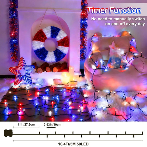 Red White And Blue Outdoor String Lights 2 Pack With Timer 100 LED Total About 33 Ft Waterproof Battery Operated For 4th Of July Memorial Day And Patriotic Decor With 8 Modes, displayed over fluffy white rug with patriotic wreath and star decor.