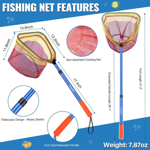 Fishing net features with non-absorbent coating, 41.3" full length, telescopic handle, part of All In One Kids Fishing Pole Set.