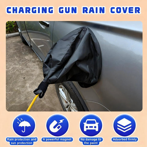 Slick EV Charger Plug Port Cover With Heavy Duty Waterproof Seal All Weather Protection Against Rain Sun And Snow Shields Your Tesla And Sweet Electric Rides From Dust Debris Silver, black charging gun rain cover with magnetic attachment.