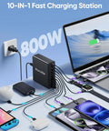 All In One 800W USB C Charging Station With 10 Ports GaN5 PD Fast Charger connected to multiple devices, laptops, and phones