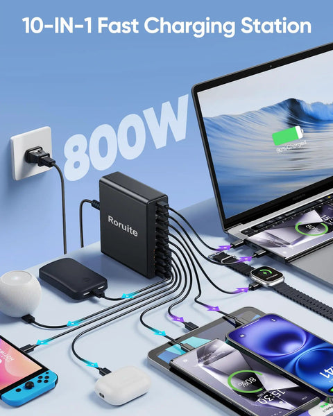All In One 800W USB C Charging Station With 10 Ports GaN5 PD Fast Charger connected to multiple devices, laptops, and phones