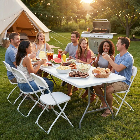 Group enjoying outdoor meal on 8 Feet Folding Picnic Table With Carry Handle, Heavy Duty Portable Plastic Table for Camping, White.