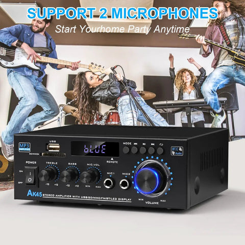 Dope 400W Bluetooth Stereo Amplifier For Home Audio System With 2 Channel Power, Wireless 5.0 Streaming, FM Radio, USB, SD Card, Remote Control And Easy Setup For Rich, Room Filling Sound with musicians playing instruments in the background.