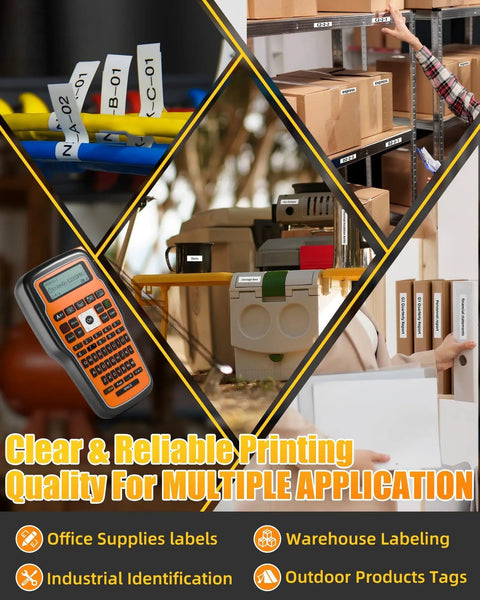 Collage showing handheld labeling machine with tape for industrial office use and labeled wires and boxes, promoting multiple applications.