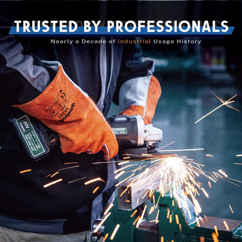 Person wearing Premium 13 Inch Leather Forge Welding Gloves With Aramid Stitching using a grinder, sparks flying