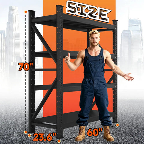 Heavy Duty Metal Garage Shelving System With Adjustable Shelf Heights, Rugged Steel Storage Racks Holds Up To 7000 Lbs, Easy Organization For Tools, Parts, And Big Stuff, 70in x 60in x 23.6in black steel