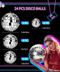 24 Pcs Mirror Disco Balls Hanging Set In Four Sizes 2.4 Inch, 2.0 Inch, 1.6 Inch, 1.2 Inch, Silver Glass Ball Ornaments For Disco Party Decor