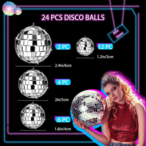 24 Pcs Mirror Disco Balls Hanging Set In Four Sizes 2.4 Inch, 2.0 Inch, 1.6 Inch, 1.2 Inch, Silver Glass Ball Ornaments For Disco Party Decor