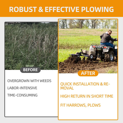Comparison of field before and after using ATV UTV Manual Implement Lift With 1-Point Lift System And 2-Inch Hitch Receivers