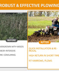 Comparison of before and after plowing with manual heavy duty implement lift for ATV UTV, showing efficiency and results.