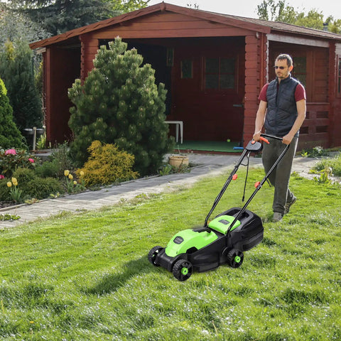 Power Through Your Yard With This 12.5 Amp 1200W Corded 13 Inch Push Lawn Mower That Cuts Clean, Tames Thick Grass, And Starts Easy, A Lightweight Green Machine Built For Quick, No Fuss Yard Maintenance. Green 13-inch corded push lawn mower on grass with collection bag