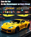 Yellow car with Programmable LED Windshield Eyes Sign With App And Remote Control, 23.4 By 4.7 Inch Flexible Car Display.