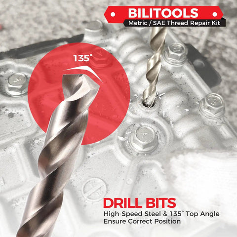 Close-up of drill bit from M12x1.25 Thread Repair Kit For Damaged Threads HSS Drill Helicoil Repair Kit with 135° angle.