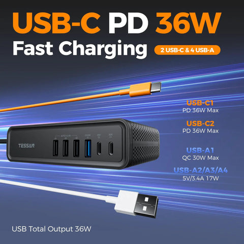 200W Car Power Inverter Featuring Rapid USB C Fast Charging And Dual AC Outlets on a charging hub with USB-C and USB-A ports.