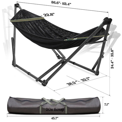 Uniki Hammock Stand With 3 Year Warranty Instant 30 Second Foldable Hammock Setup 550 Lb Capacity For One Person, dimensions view