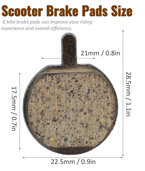Five Pairs Semi Metal Bicycle And Scooter Disc Brake Pads showing size measurements for front and rear replacement