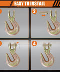 Installation steps for Three Eighths Inch Chain Hooks Grade 70 heavy duty clevis grab hooks forged alloy steel 7,100 lb.