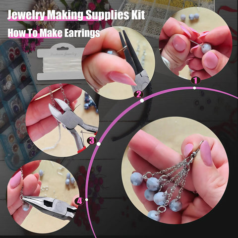 Instructional steps using All In One Jewelry Making Kit With Tools And Findings, Chains, Copper Wires, Magnifier, Beading String.