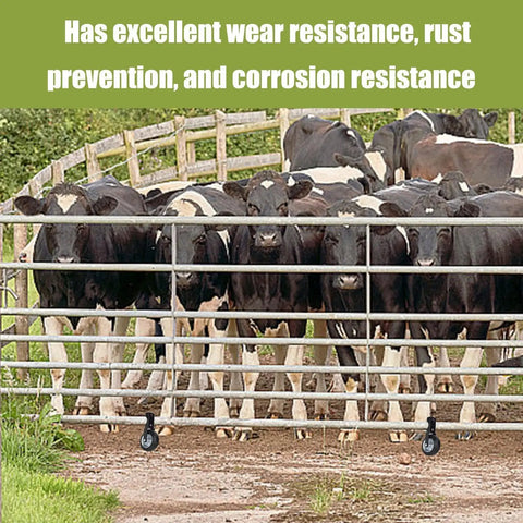 Heavy Duty Anti Sag Swinging Gate Roller Wheel Featuring Adjustable U Bolt Mount For Barn And Driveway Gates Rust Proof Powder Coated Steel, in use with cows.