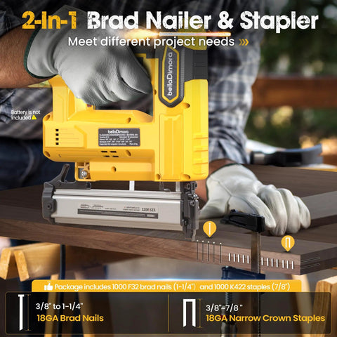 Cordless Brad Nailer Built Tough For Long Shifts With No Sweat, 2-in-1 design for brads and staples on wood projects.