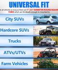 Infographic showing the universal fit of Hi Lift Jack Tube Mount for 1-2.5 inch tubing on various vehicles including SUVs and ATVs.