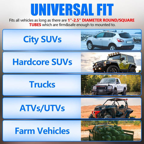 Infographic showing the universal fit of Hi Lift Jack Tube Mount for 1-2.5 inch tubing on various vehicles including SUVs and ATVs.