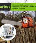 Go To Carburetor Tune Up Kit For Husqvarna Chainsaws 435 440 435E 440E 135 135E 140 140E with chainsaw and carburetor visible